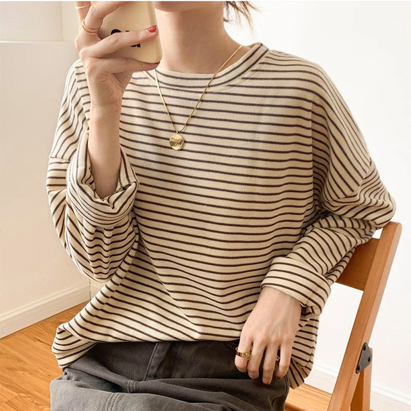 Women's heritage stripe relaxed long sleeve top, perfect for casual everyday style and comfortable wear.