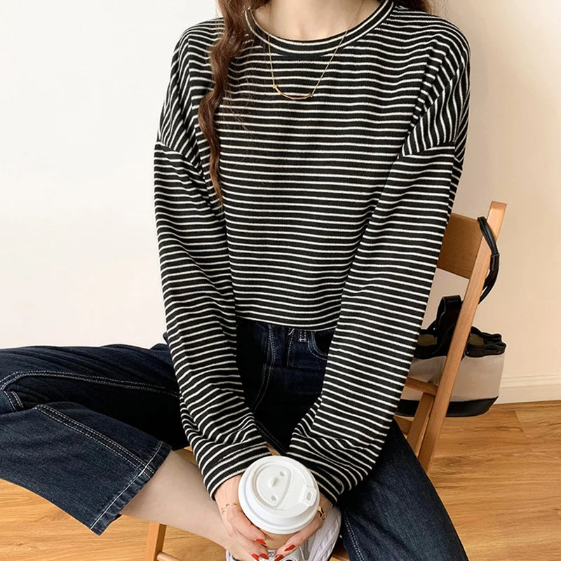 Stylish women's heritage stripe long sleeve top. Relaxed fit, perfect for comfortable everyday casual wear.