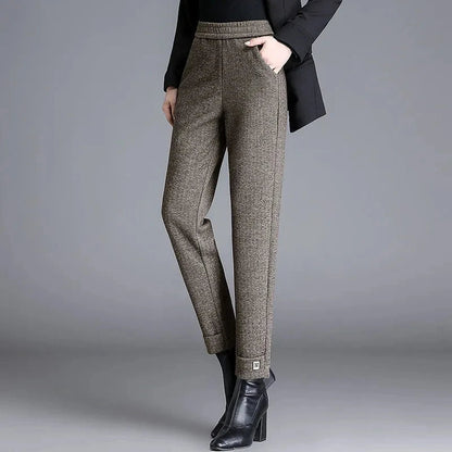 Women's herringbone tailored trousers, high-waist, chic & versatile for work, casual, or evening wear.