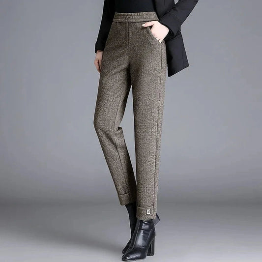 Women's herringbone tailored trousers, high-waist, chic & versatile for work, casual, or evening wear.