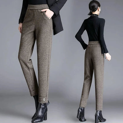 Stylish women's herringbone pattern tailored pants with comfortable elastic high waist, perfect for work.