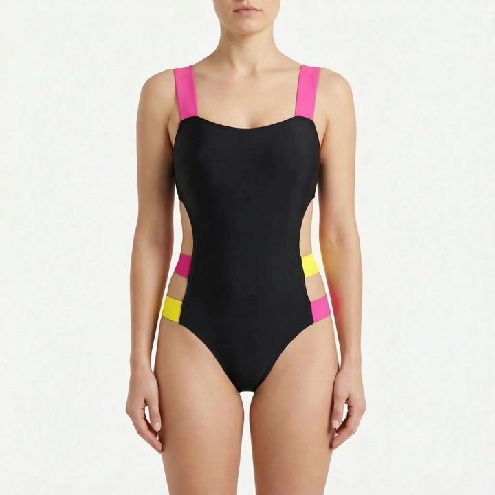 Bold women's monokini swimsuit, high-cut with unique front & side cutouts. Stand out in this stylish beachwear.