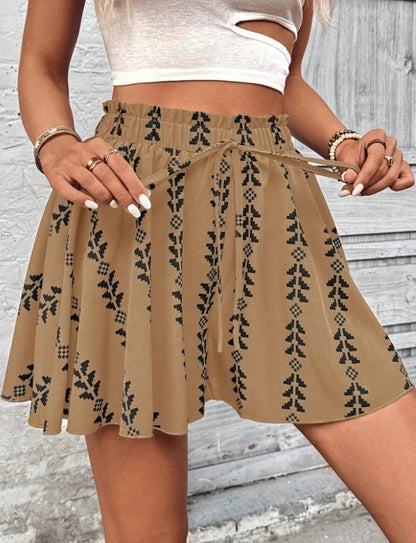 Women's casual high-rise shorts with a boho flare and distinctive geometric print, elastic waist.