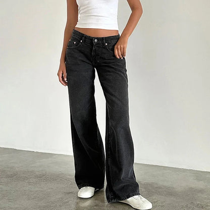 Casual women's high-rise flowing jeans. Comfortable and stylish relaxed fit denim pants for modern everyday wear.