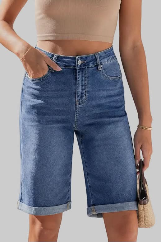 Modern high-rise long shorts for women, a relaxed fit for casual, comfortable summer fashion.