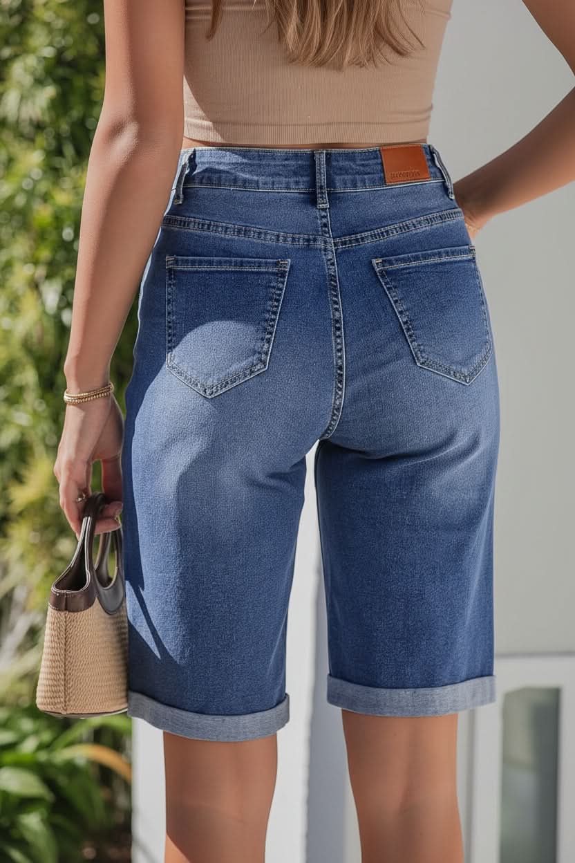 Comfortable women's high-rise long shorts for relaxed everyday wear & summer fashion.