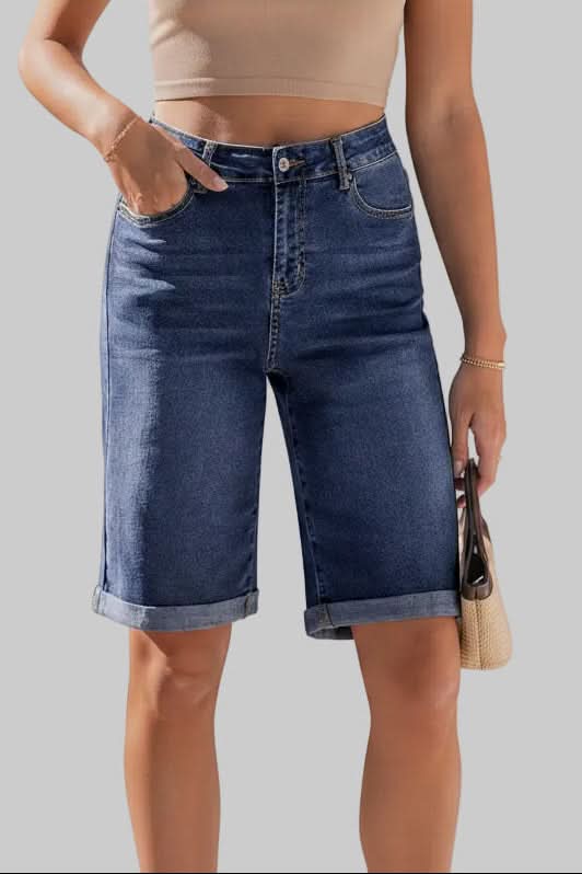 Soft, comfortable women's high-rise long shorts, ideal for casual everyday summer fashion.