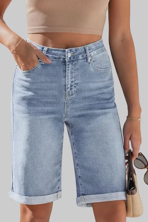 Summer fashion essential: women's high-rise long shorts, relaxed and comfortable for daily wear.