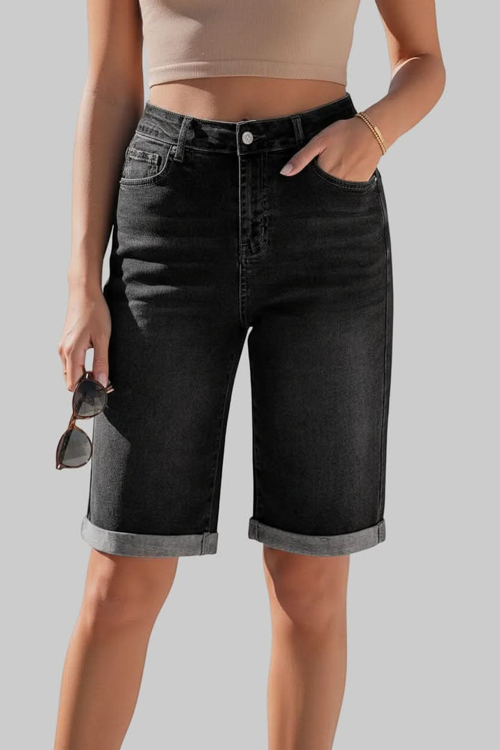 Stylish women's high-rise long shorts, a comfortable relaxed fit bottom for casual everyday wear.