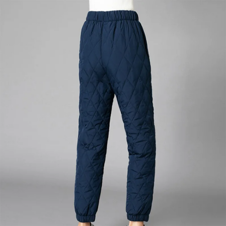 Women's comfortable high-rise puffer joggers, perfect for winter lounging and warmth.