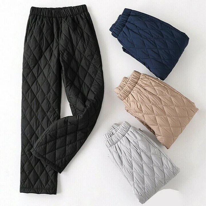 High-rise women's puffer joggers with comfortable stretch waist, perfect winter casual pants.