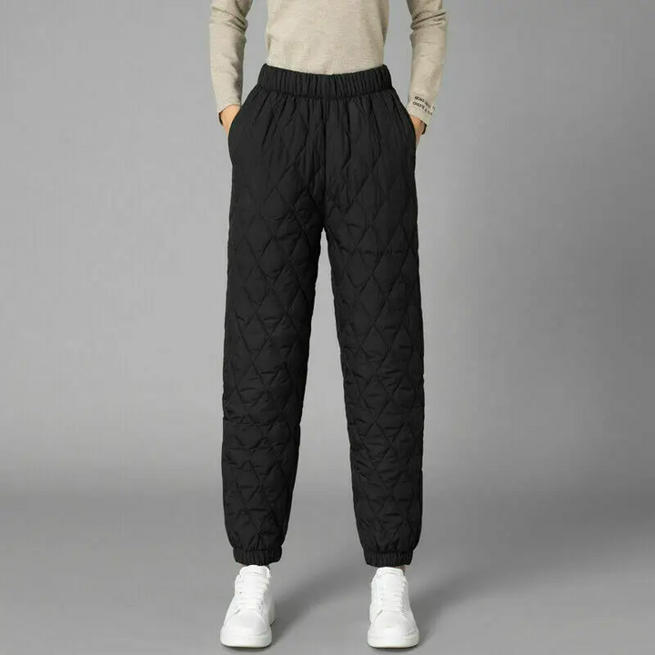 Stylish women's high-rise puffer joggers, perfect for winter activewear & casual looks.