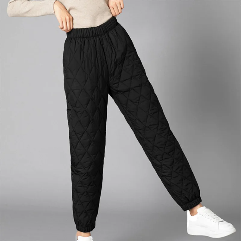 Soft women's high-rise puffer joggers with stretch waist, comfortable loungewear attire.