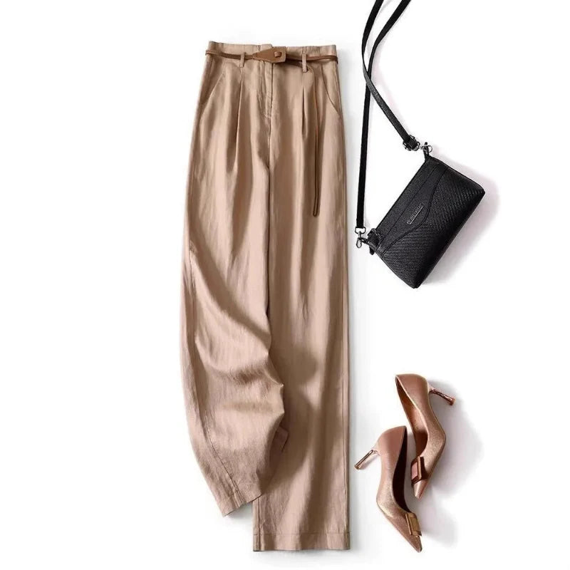 Khaki high-rise women's pants, professional & stylish. Polished look for office or events.