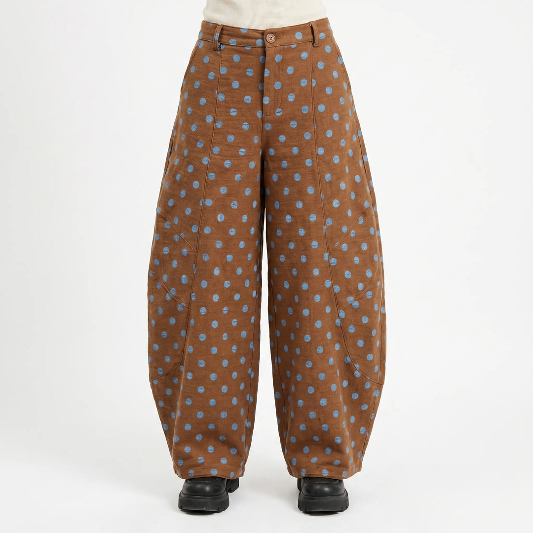 Stylish women's polka dot wide barrel-leg pants, high-rise and comfortable, ideal for casual summer fashion.