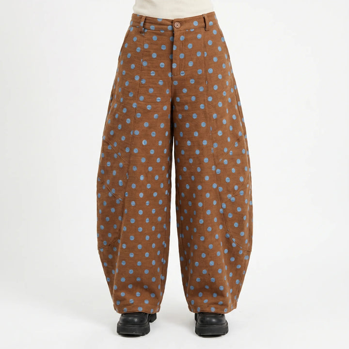 Stylish women's polka dot wide barrel-leg pants, high-rise and comfortable, ideal for casual summer fashion.