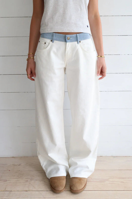 Women's high-rise wide-leg denim jeans, stylish & comfortable for a modern casual look.