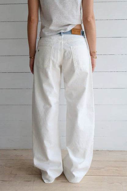 High-rise wide-leg women's jeans in classic denim, offering a comfortable, fashionable modern fit.