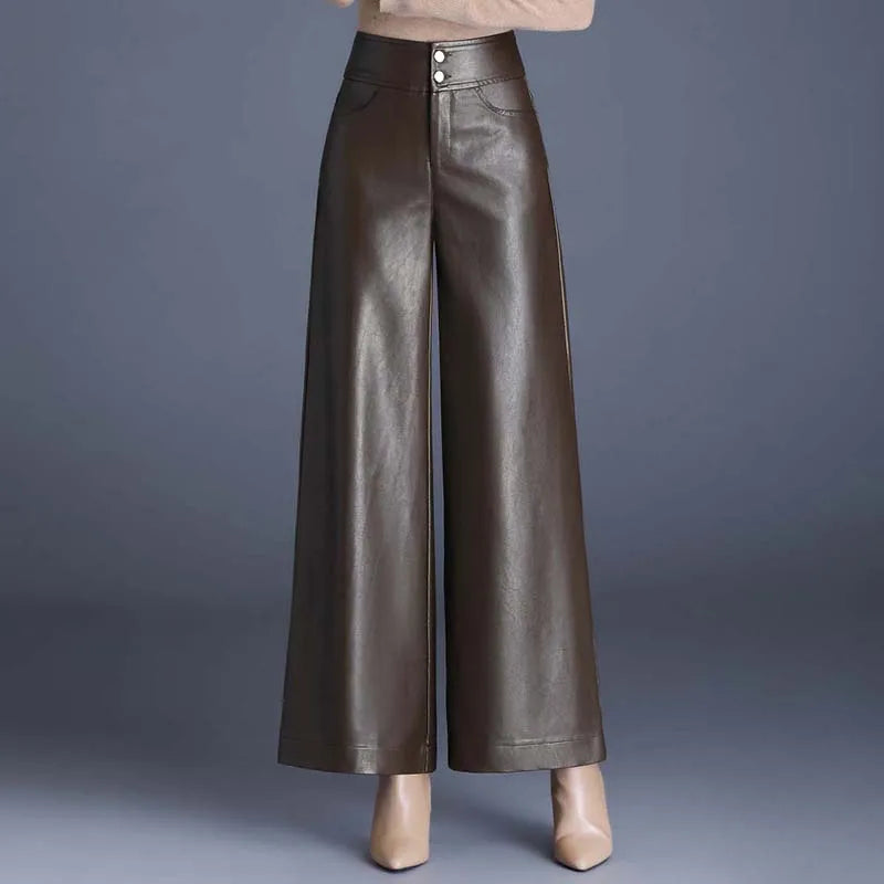 Wrinkle-resistant women's wide-leg pants. High-rise for a sleek, comfortable, and modern statement look.