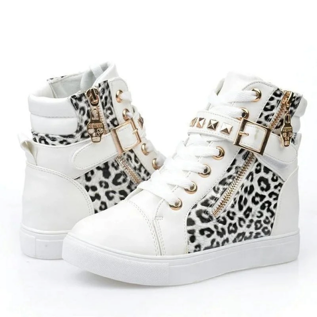 White high-top sneakers for women, designed with a functional zipper for easy wear and a stylish, comfortable fit.