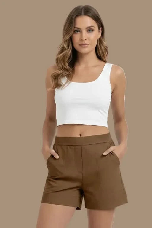 Breathable high waist women's leisure shorts, designed for active comfort in outdoor settings & casual wear.