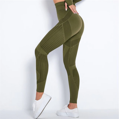 Athletic women's anti-cellulite high-waist yoga pants, providing support for smoother, toned legs.