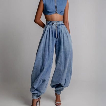 Stylish blue high-waist balloon-leg pants for women. Enjoy a relaxed fit and casual chic comfort for everyday wear.
