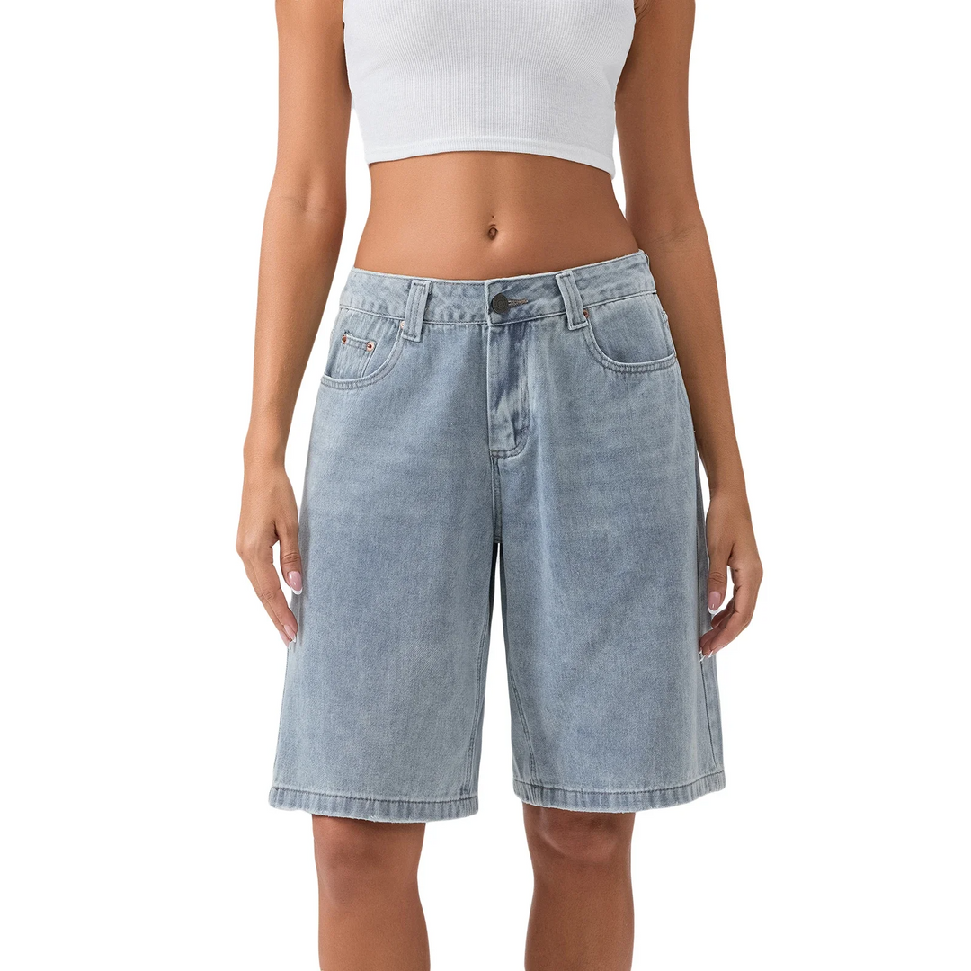 Women's high-waist Bermuda shorts in classic blue, offering effortless style and comfort for summer fashion.