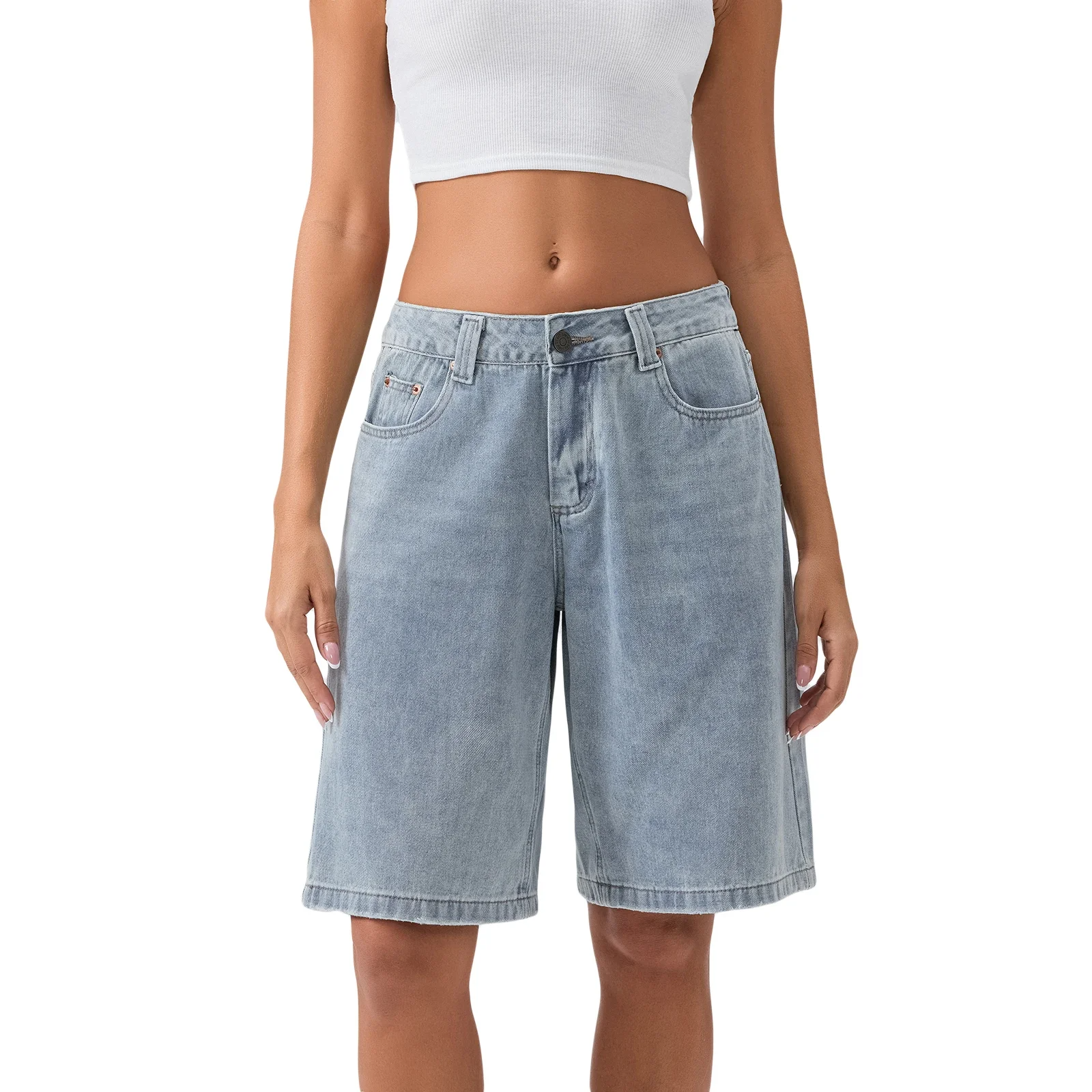 Women's high-waist Bermuda shorts in classic blue, offering effortless style and comfort for summer fashion.