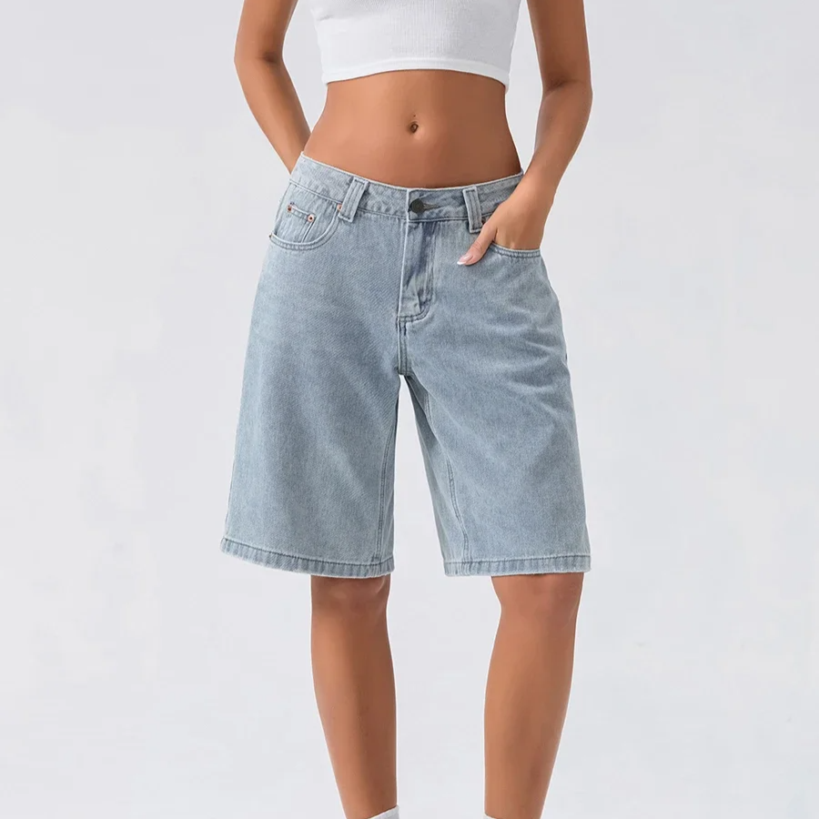 Washed black women's Bermuda shorts, a versatile and comfortable high-waist option for everyday summer wear.