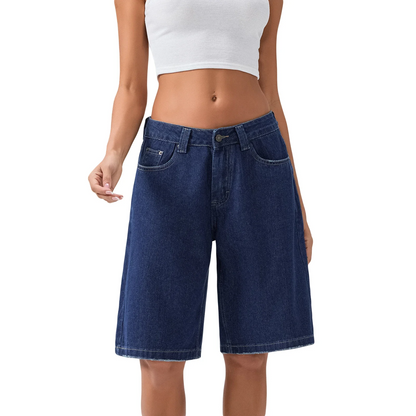 Washed black women's high-waist Bermuda shorts, a stylish and comfortable choice for summer fashion.