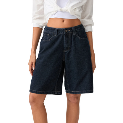 Women's casual Bermuda shorts in classic blue, featuring a comfortable high-waist for summer style.