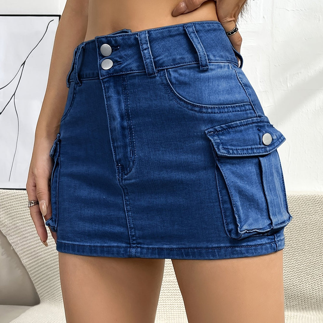 Fitted women's high waist cargo mini skirt in a chic street style. Modern and comfortable for casual wear.