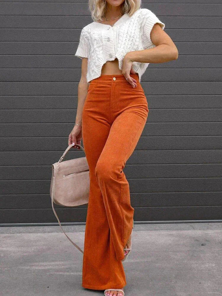 Professional women's high waist flare pants, ideal workwear bottoms with pockets.
