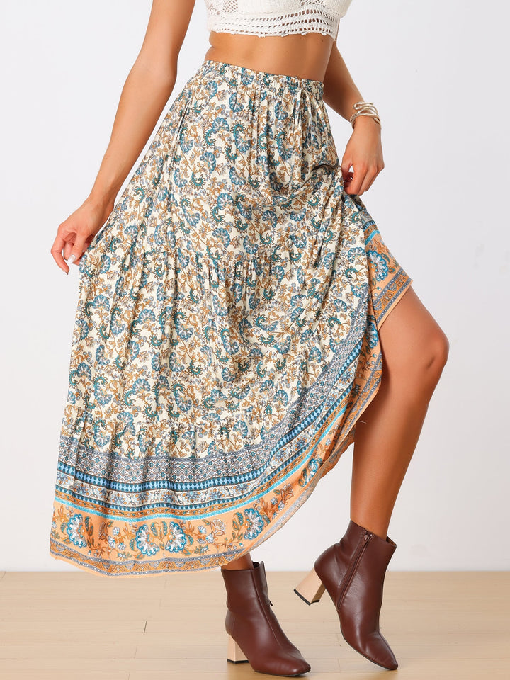 Women's high waist printed maxi skirt with a flowing side slit, perfect for summer.