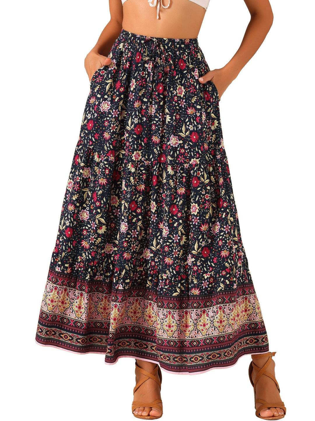 Bohemian chic: high waist printed maxi skirt with a flowing design and alluring side slit.
