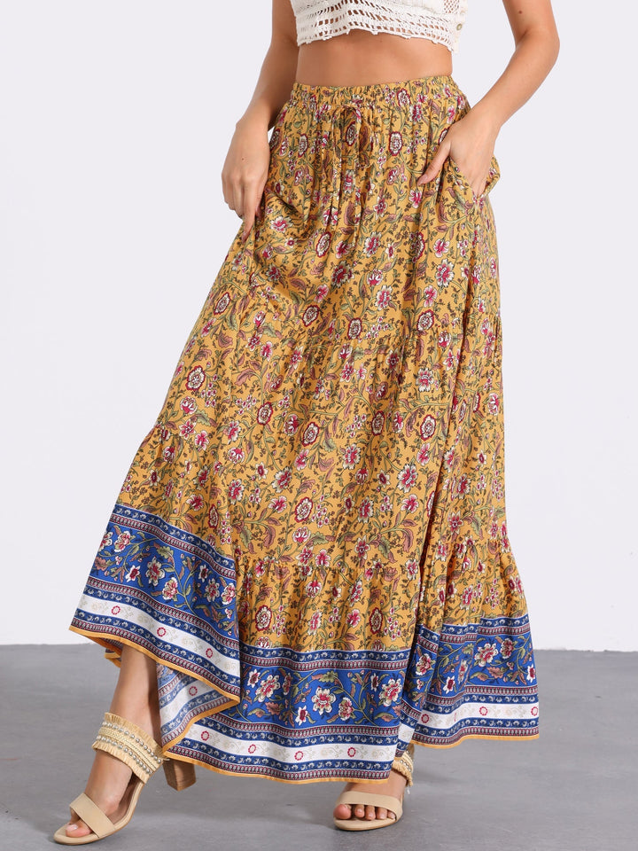 Versatile women's printed maxi skirt; high waist, flowing, side slit for any occasion.