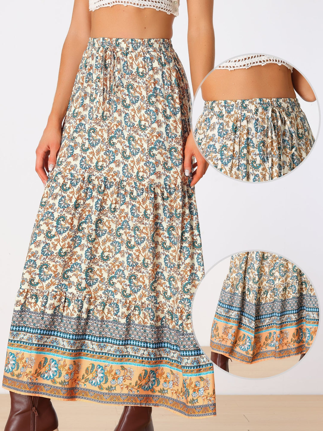 Printed long skirt for women, high waist, flowing style, and a chic side slit.