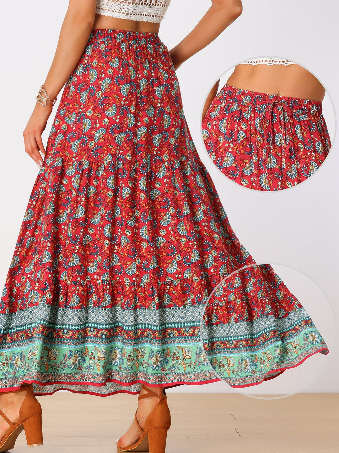 Sophisticated flowing printed maxi skirt, high waist design, and a flattering side slit.