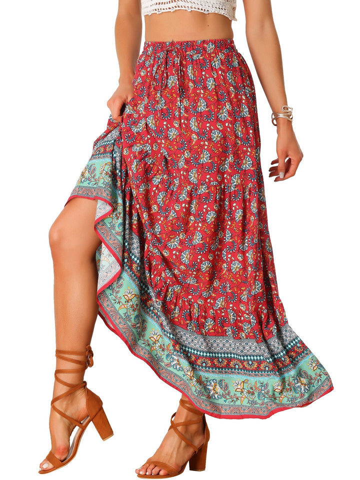Effortless style: high waist printed maxi skirt, flowing, with a stylish and practical side slit.