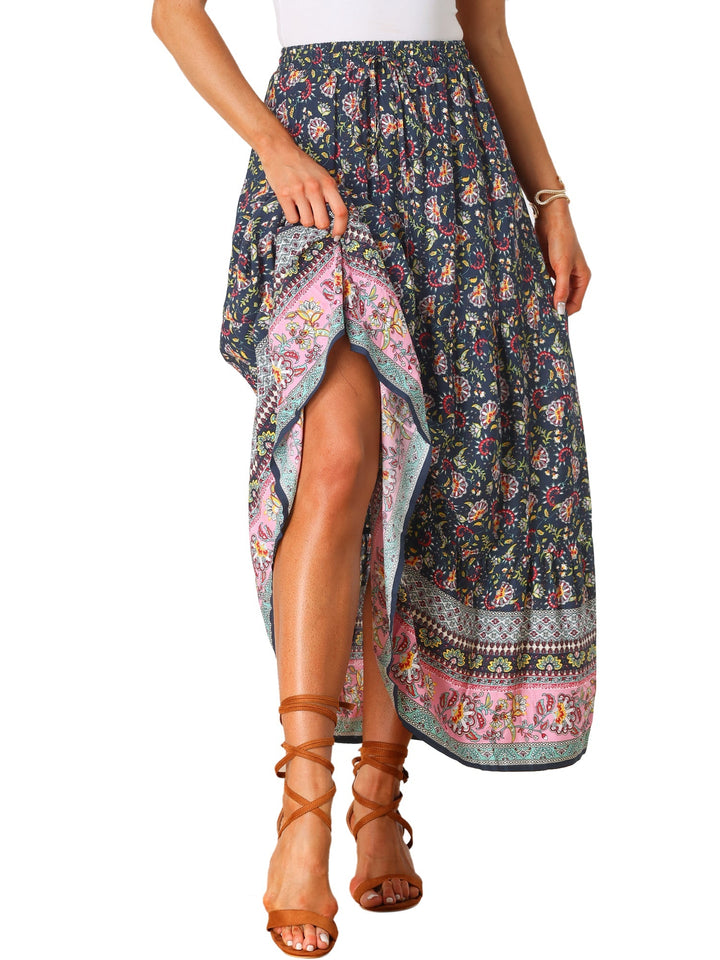 Bohemian women's printed long skirt, high waist, flowing design, ideal for resort wear.
