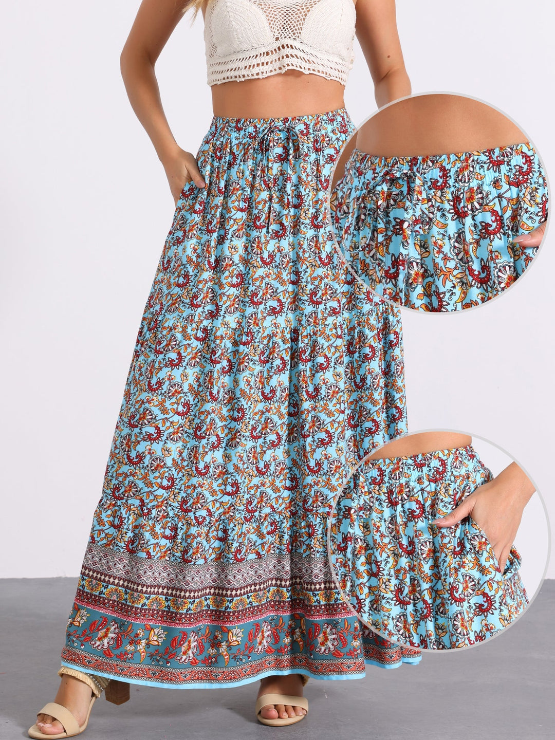 Printed bohemian maxi skirt, high waist for a flattering fit, flowing, and an enticing side slit.