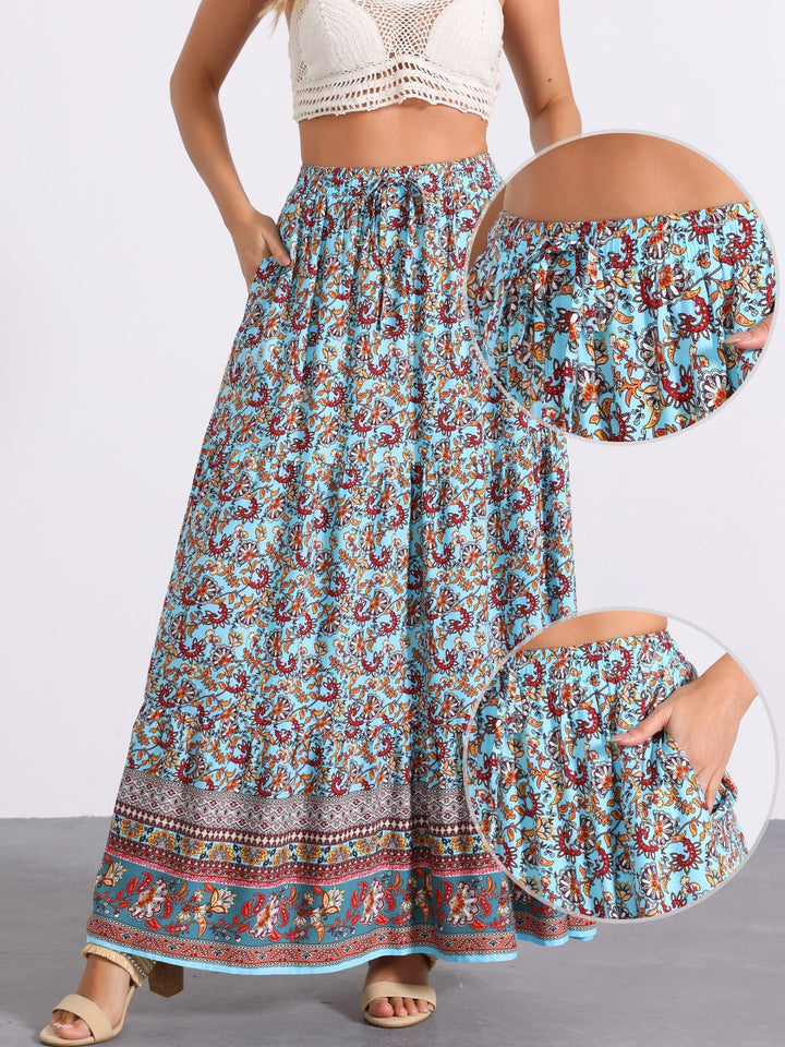 Printed bohemian maxi skirt, high waist for a flattering fit, flowing, and an enticing side slit.