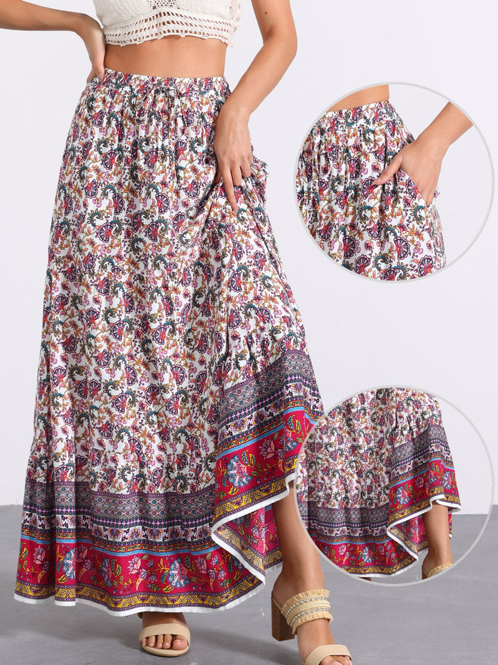 Bohemian-inspired high waist printed long skirt, flowing and comfortable with a side slit.