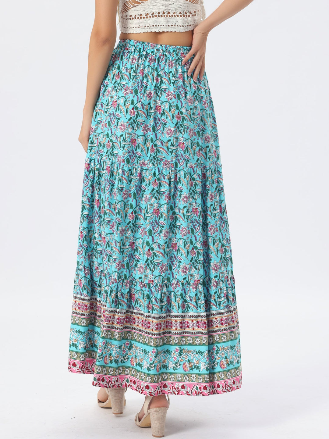 Versatile high waist printed maxi skirt, flowing, perfect for resort or casual summer fashion.