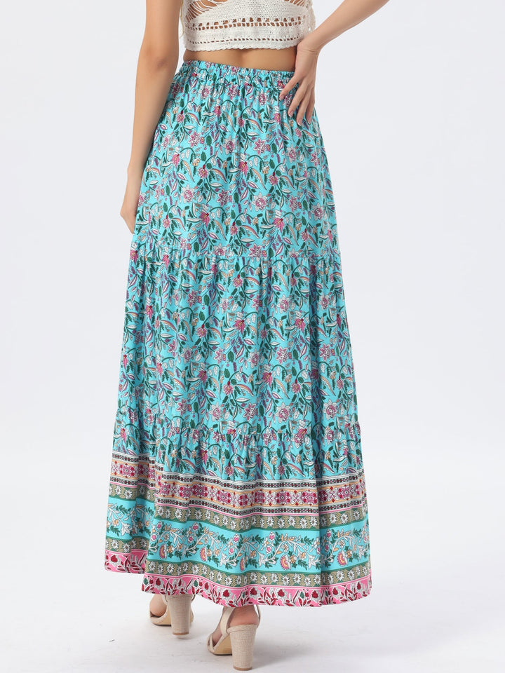 Versatile high waist printed maxi skirt, flowing, perfect for resort or casual summer fashion.