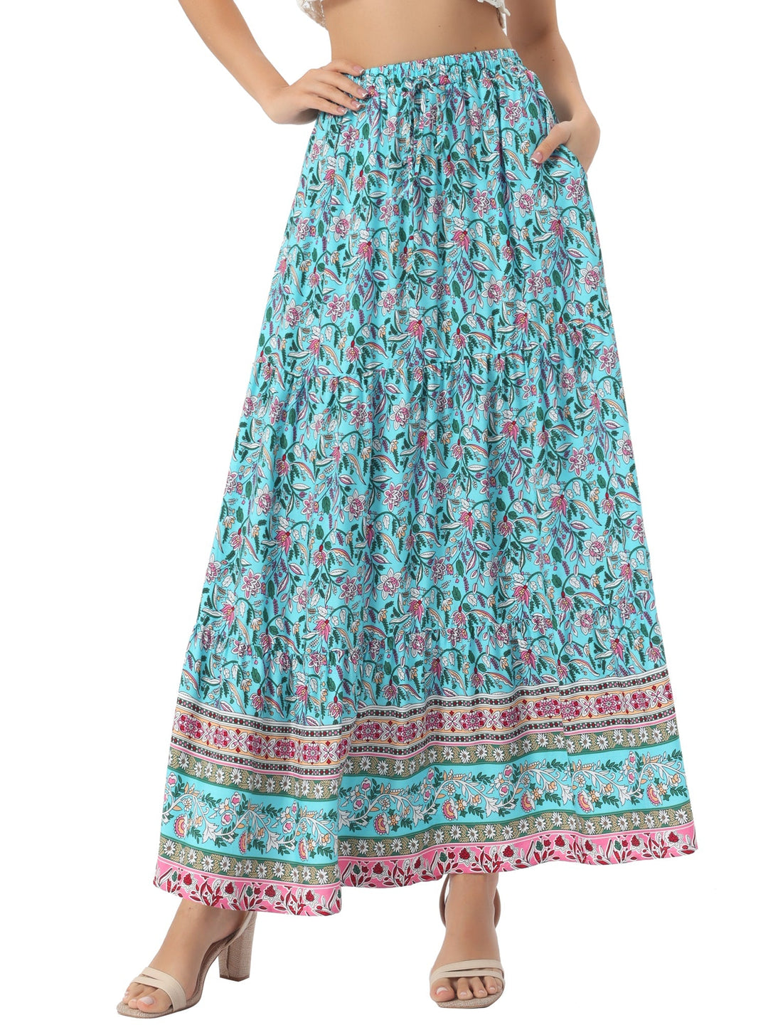 Relaxed fit printed maxi skirt, high waist, flowing, and comfortable with a side slit for women.