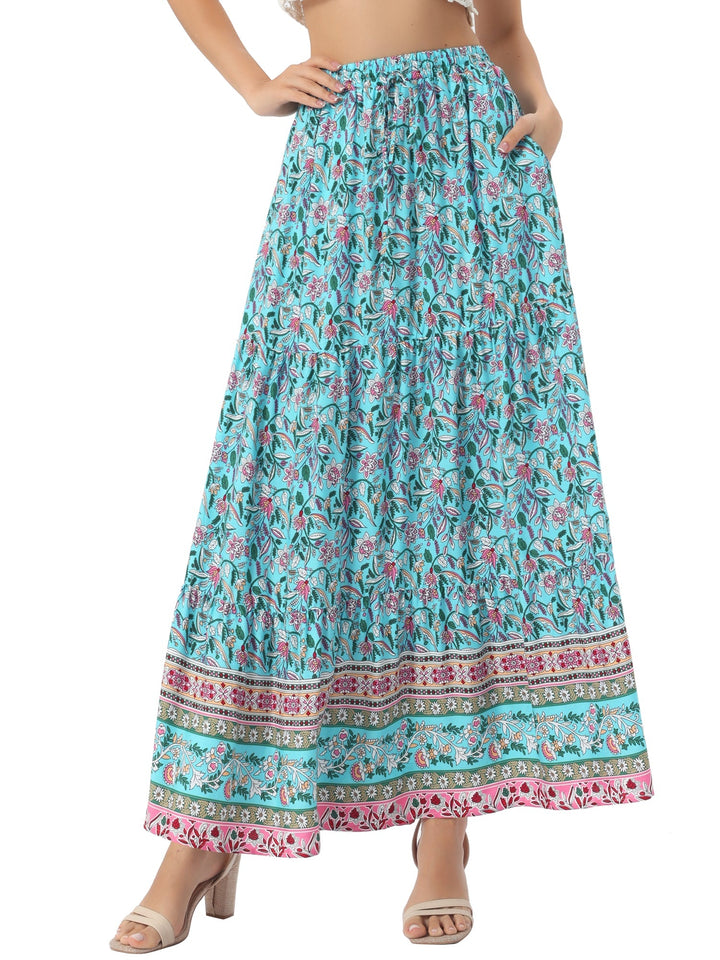 Relaxed fit printed maxi skirt, high waist, flowing, and comfortable with a side slit for women.
