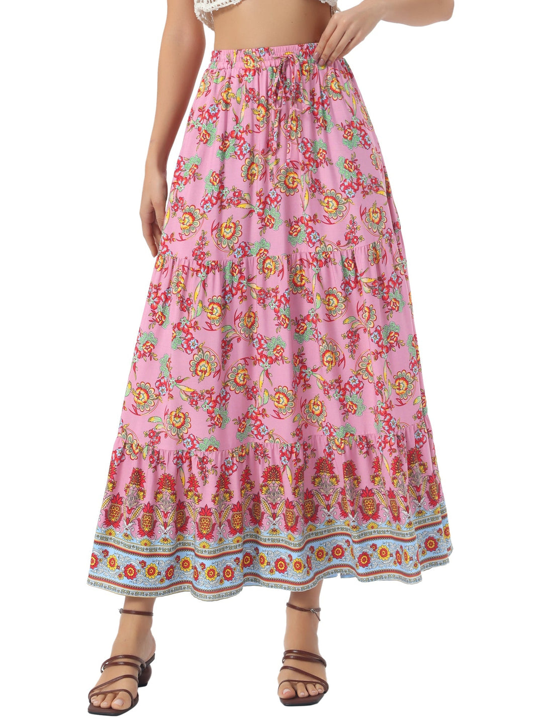 Bohemian casual high waist printed maxi skirt, flowing design, and a flattering side slit.