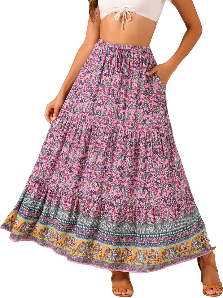 Casual printed maxi skirt for women, high waist, flowing fit, and a practical side slit.